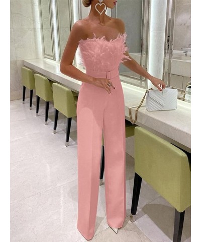 Women Sleeveless Feather Jumpsuit Spaghetti Strap High Waist Long Pants Romper Elegant Off Shoulder Wide Leg Jumpsuits Feathe...