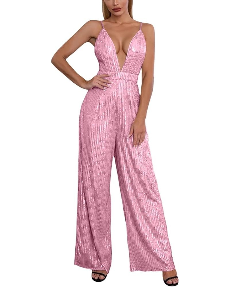 Jumpsuit for Womens Party, Elegant Sexy Sleeveless Wide Leg Pants Cocktail Pantsuit Jumpsuit Romper with Belt Z1_pink $9.49 J...