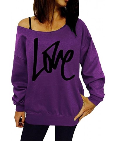 Women's Off The Shoulder Sweatshirts Funny Love Letter Printed Long Sleeve Pullover Shirt Purple $11.12 Hoodies & Sweatshirts