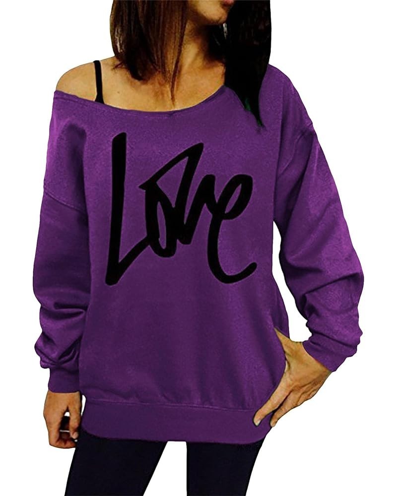 Women's Off The Shoulder Sweatshirts Funny Love Letter Printed Long Sleeve Pullover Shirt Purple $11.12 Hoodies & Sweatshirts