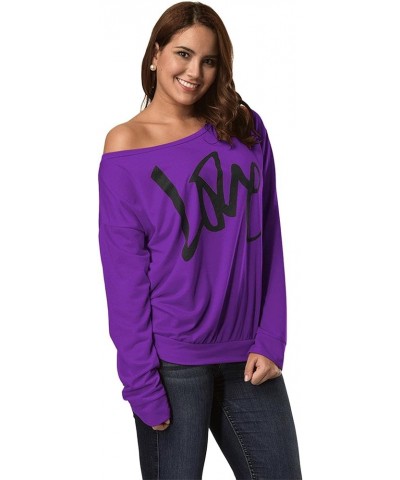 Women's Off The Shoulder Sweatshirts Funny Love Letter Printed Long Sleeve Pullover Shirt Purple $11.12 Hoodies & Sweatshirts