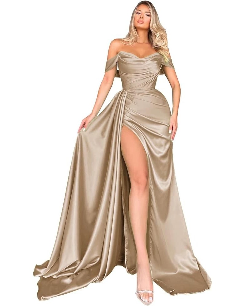 Off Shoulder Prom Dresses for Women 2024 Satin Bridesmaid Dress Long with Train Formal Evening Party Gown with Slit DR0005 Ta...