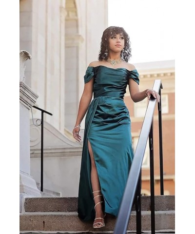 Off Shoulder Prom Dresses for Women 2024 Satin Bridesmaid Dress Long with Train Formal Evening Party Gown with Slit DR0005 Ta...