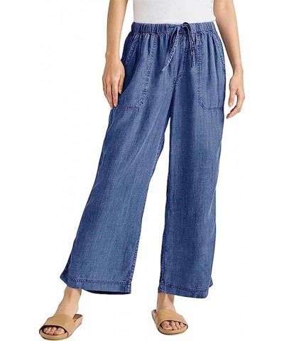 Women Elastic Waist Denim Jean Tencel Pants Pull On Wide Leg Jeans Baggy Palazzo Pants Lightweight Dark Blue $15.98 Jeans