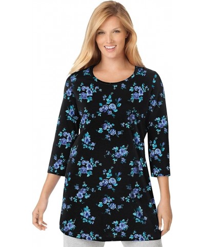 Women's Plus Size Perfect Printed Three-Quarter-Sleeve Scoopneck Tunic Blue Rose Ditsy Bouquet $12.36 Tops