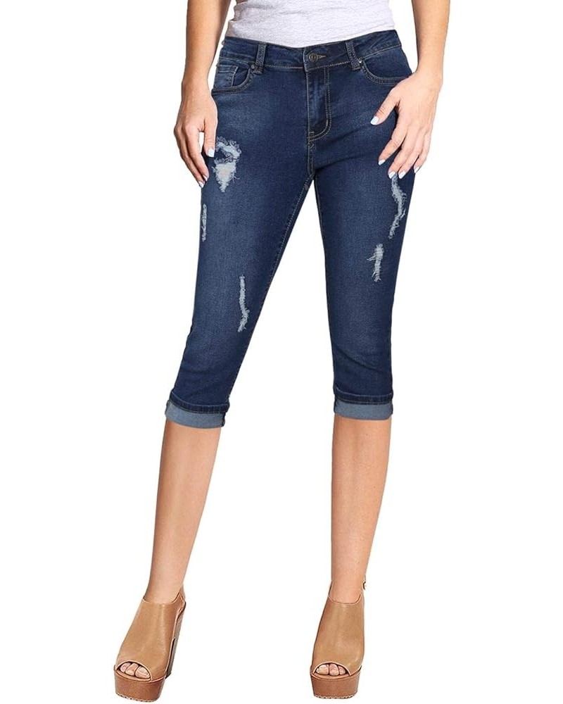 Women's Stretchy 5 Pocket Skinny Mid Rise Capri Ripped Denim Jeans Medium Blue3 $17.10 Jeans