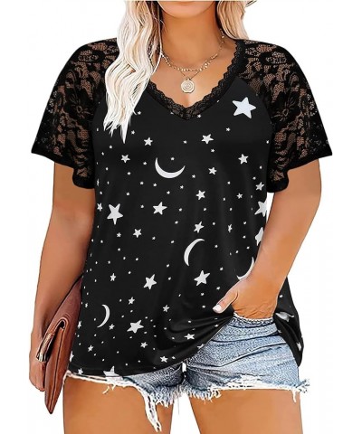 Womens Plus Size Tops Floral Bell Sleeves Blouses Summer Crewneck Tunic Loose Casual T Shirts A-04_b-star $10.02 Tops