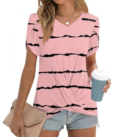 Womens 2024 Summer Casual Tunic Tops Twist Front Blouse Short Sleeve Fitting Tshirt V-pink Stripe $10.00 Tops