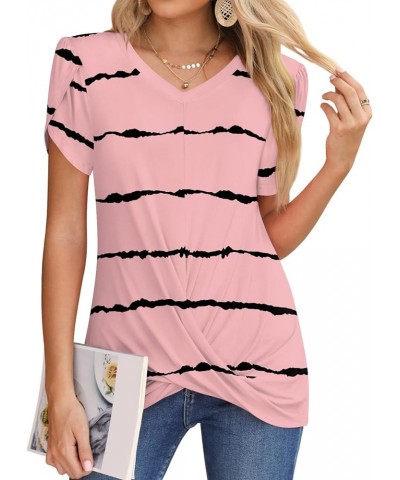 Womens 2024 Summer Casual Tunic Tops Twist Front Blouse Short Sleeve Fitting Tshirt V-pink Stripe $10.00 Tops