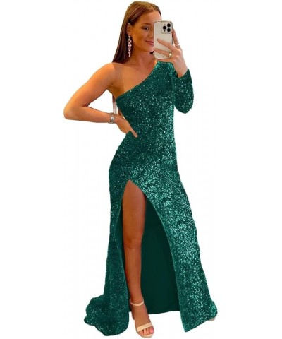 Women’s One Shoulder Mermaid Prom Dress Long Glitter Sequin Formal Evening Party Gown with Slit Peacock $31.60 Dresses