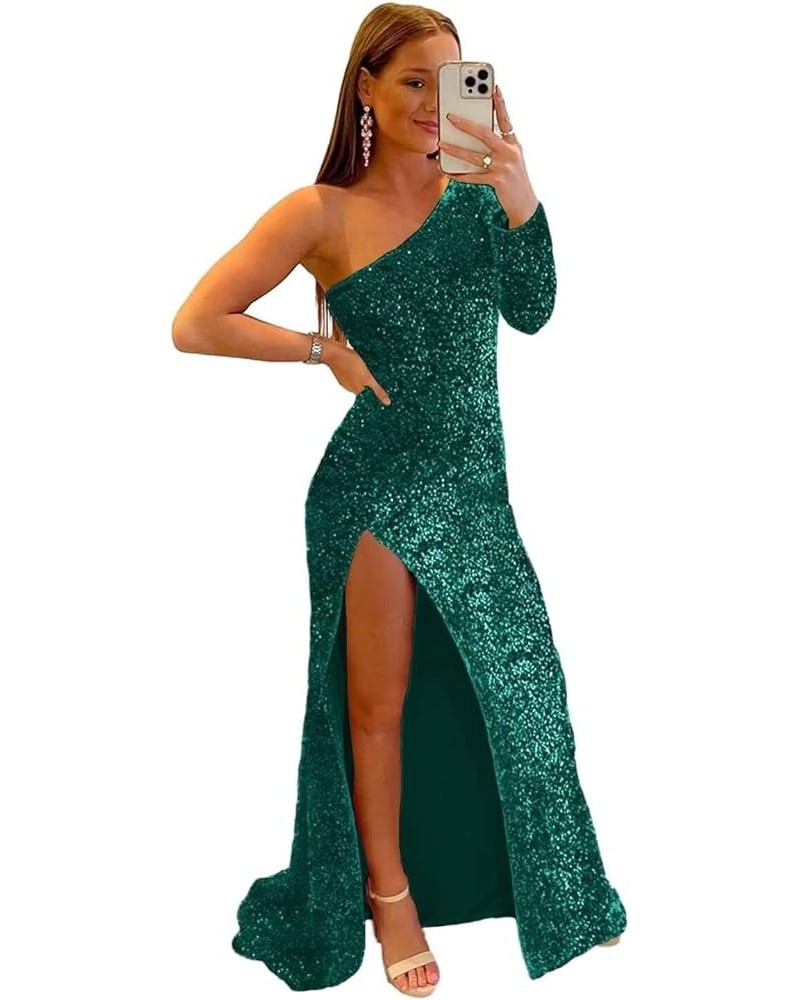 Women’s One Shoulder Mermaid Prom Dress Long Glitter Sequin Formal Evening Party Gown with Slit Peacock $31.60 Dresses