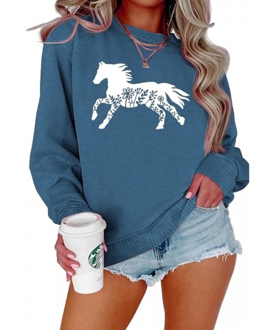 HORSE FLOWER Printed - Womens Sweatshirt Casual Crewneck Loose Pullover Tops Long Sleeve Graphic Tee Shirt Blue $7.23 Hoodies...