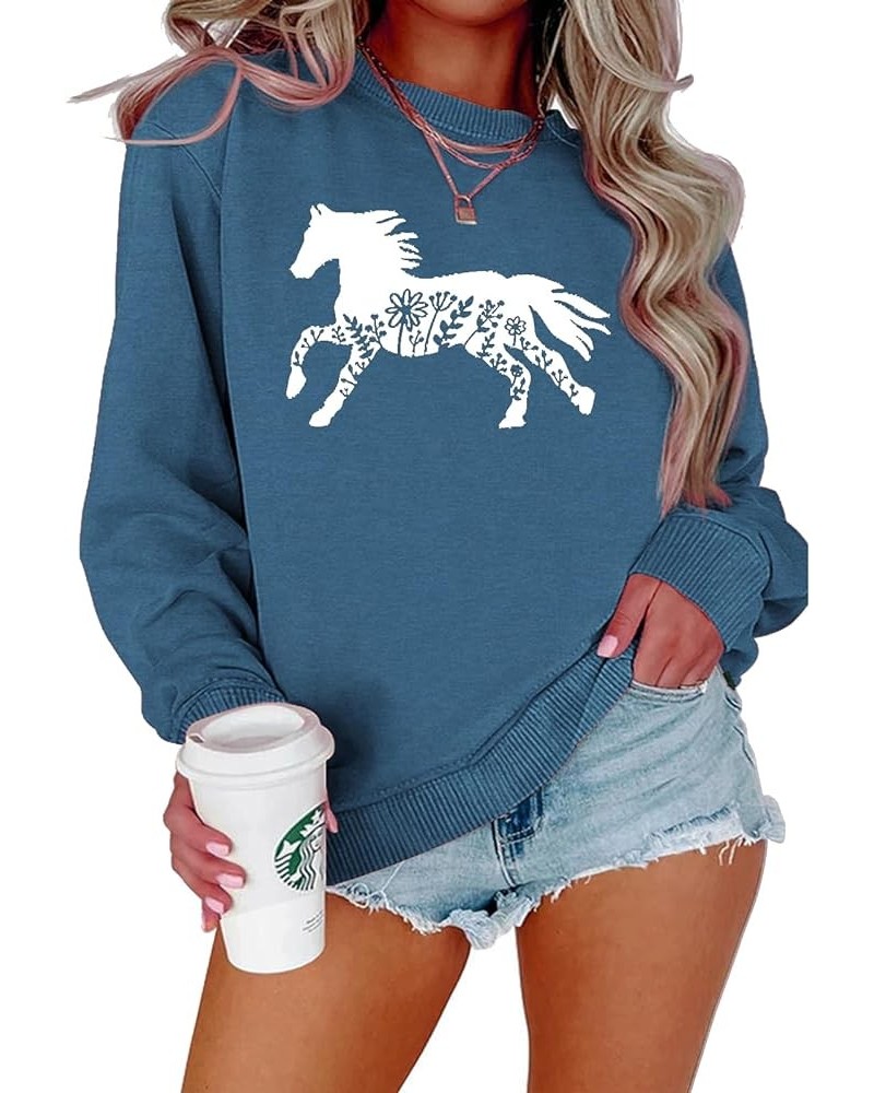 HORSE FLOWER Printed - Womens Sweatshirt Casual Crewneck Loose Pullover Tops Long Sleeve Graphic Tee Shirt Blue $7.23 Hoodies...