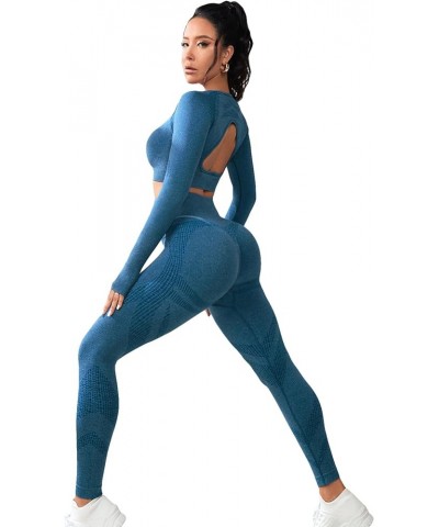 Women's 2 Piece Sports Outfit Solid Cut Out Back Long Sleeve Crop Top and Leggings Set Activewear Blue $22.25 Activewear