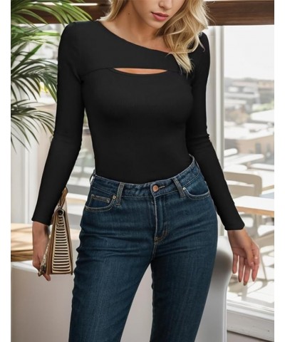 Womens Trendy Sexy Fall Outfits One Piece Cutout Tops Long Sleeve Ribbed Slim Fitted Shirts Tee Tshirts Black $11.59 T-Shirts