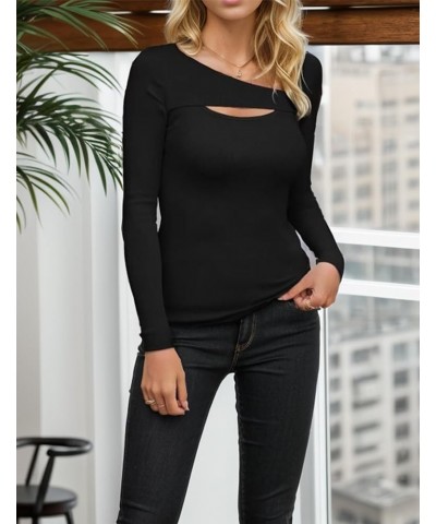 Womens Trendy Sexy Fall Outfits One Piece Cutout Tops Long Sleeve Ribbed Slim Fitted Shirts Tee Tshirts Black $11.59 T-Shirts