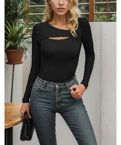 Womens Trendy Sexy Fall Outfits One Piece Cutout Tops Long Sleeve Ribbed Slim Fitted Shirts Tee Tshirts Black $11.59 T-Shirts