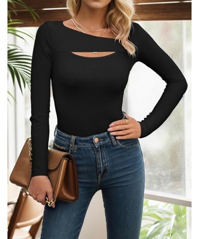 Womens Trendy Sexy Fall Outfits One Piece Cutout Tops Long Sleeve Ribbed Slim Fitted Shirts Tee Tshirts Black $11.59 T-Shirts