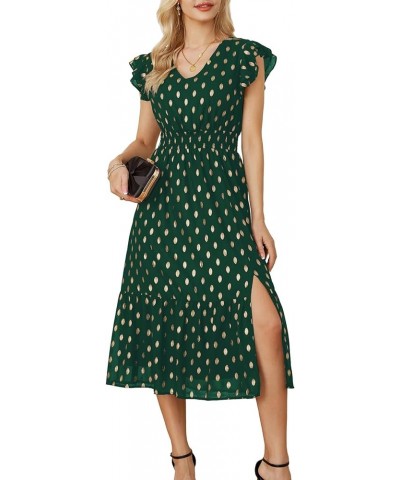 Women's V Neck Ruffle Sleeve Summer Dress 2024 Split Flowy Tiered Midi Dress Wedding Guest Cocktail Dresses Dark Green-gold D...