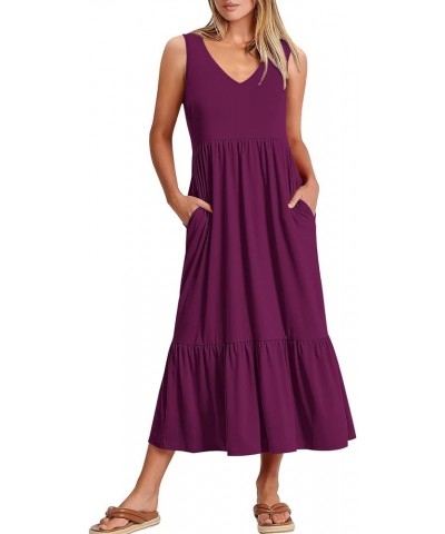 Women's Summer Casual Sleeveless V Neck Swing Dress Fit & Flare Flowy Tiered Maxi Beach Sundress with Pockets 07-dark Purple ...