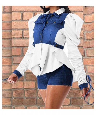 Women Casual Ruched Sleeve Babydoll Top Denim Color Block Irregular Ruffles Button Down Shirt White $18.89 Blouses