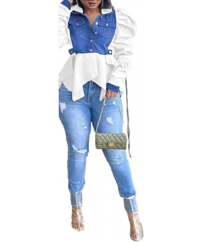 Women Casual Ruched Sleeve Babydoll Top Denim Color Block Irregular Ruffles Button Down Shirt White $18.89 Blouses