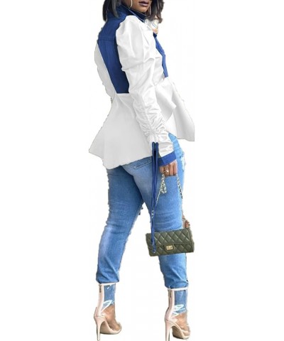 Women Casual Ruched Sleeve Babydoll Top Denim Color Block Irregular Ruffles Button Down Shirt White $18.89 Blouses