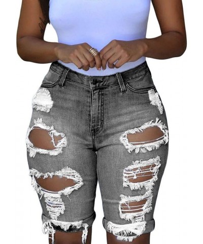 Women's Ripped Denim Destroyed Mid Rise Stretchy Bermuda Shorts Jeans Dark Grey $17.39 Shorts