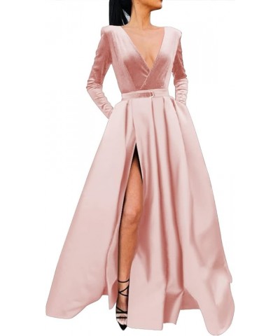 V Neck Prom Dress Velvet Long Sleeves Split Formal Dress 2022 for Women with Pockets Blush $36.26 Dresses