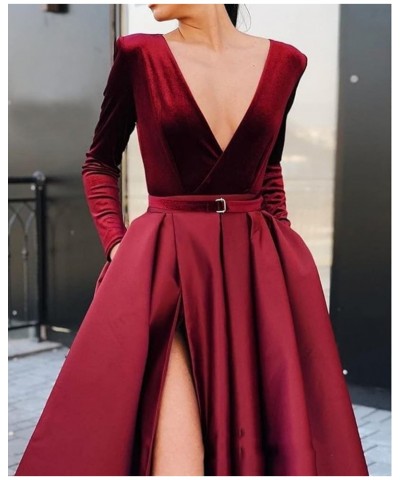 V Neck Prom Dress Velvet Long Sleeves Split Formal Dress 2022 for Women with Pockets Blush $36.26 Dresses