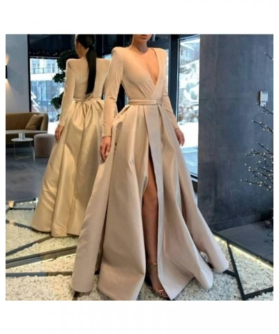 V Neck Prom Dress Velvet Long Sleeves Split Formal Dress 2022 for Women with Pockets Blush $36.26 Dresses