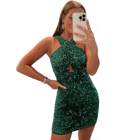 Sequin Homecoming Dresses Short Halter Sparkly Tight Formal Evening Cocktail Gowns Emerald Green $29.99 Dresses