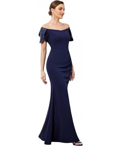 Women's Off Shoulder Empire Waist Mermaid Short Sleeves with Sequins Elegant Formal Dress 00026 Navy Blue $29.39 Dresses