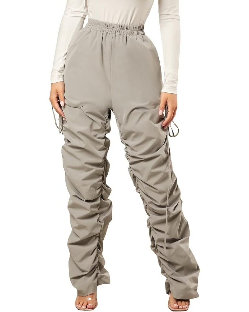 Women's Drawstring Ruched Elastic High Waist Straight Leg Pants Trousers Light Grey $9.68 Pants