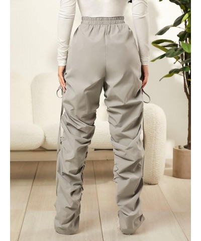 Women's Drawstring Ruched Elastic High Waist Straight Leg Pants Trousers Light Grey $9.68 Pants