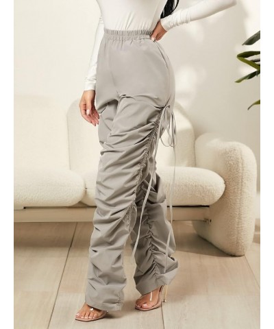 Women's Drawstring Ruched Elastic High Waist Straight Leg Pants Trousers Light Grey $9.68 Pants