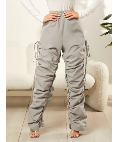 Women's Drawstring Ruched Elastic High Waist Straight Leg Pants Trousers Light Grey $9.68 Pants