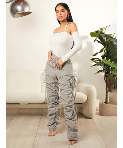 Women's Drawstring Ruched Elastic High Waist Straight Leg Pants Trousers Light Grey $9.68 Pants