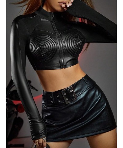 Women's PU Leather Mock Neck Zippered Long Sleeve Sexy Crop Top Party Club Top Black $11.25 T-Shirts