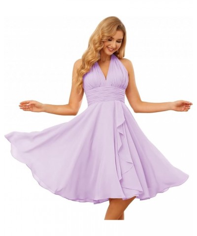 Halter Short Bridesmaid Dresses with Pockets 2023 Ruched A-Line Chiffon Formal Cocktail Party Dresses YO052 Lilac $32.99 Dresses