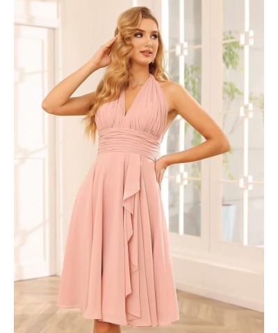 Halter Short Bridesmaid Dresses with Pockets 2023 Ruched A-Line Chiffon Formal Cocktail Party Dresses YO052 Lilac $32.99 Dresses