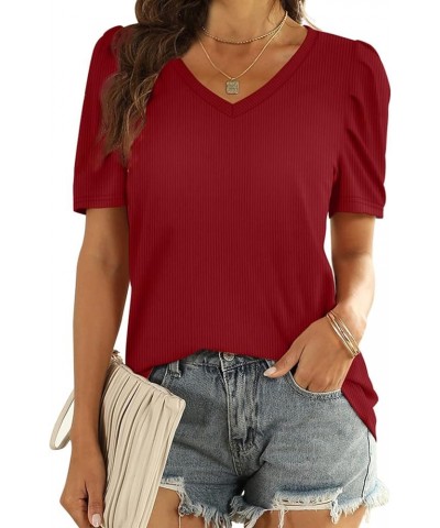 Womens Tops Loose Fit Summer V Neck Puff Sleeve Casual Soft Cute Shirts 09-wine Red $11.59 Tops