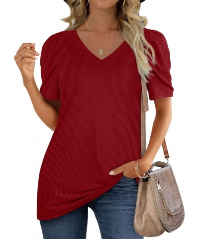 Womens Tops Loose Fit Summer V Neck Puff Sleeve Casual Soft Cute Shirts 09-wine Red $11.59 Tops