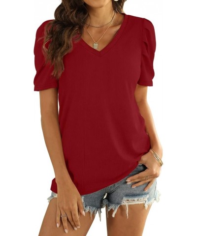 Womens Tops Loose Fit Summer V Neck Puff Sleeve Casual Soft Cute Shirts 09-wine Red $11.59 Tops