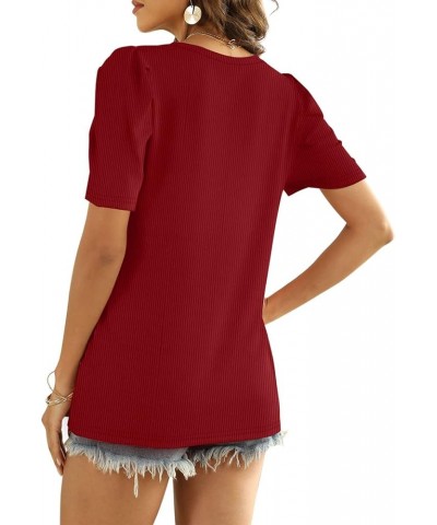 Womens Tops Loose Fit Summer V Neck Puff Sleeve Casual Soft Cute Shirts 09-wine Red $11.59 Tops