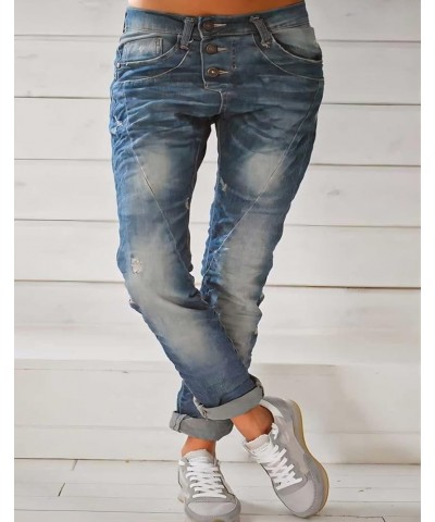 Cuffed Jeans for Women Stone Wash Stitch Button Fly Navy Blue $21.27 Jeans