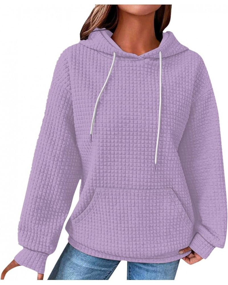 Waffle Hoodies for Women Long Sleeve Drawstring with Pocket Pullover Top Loose Sweatshirt 02-light Purple $18.47 Hoodies & Sw...