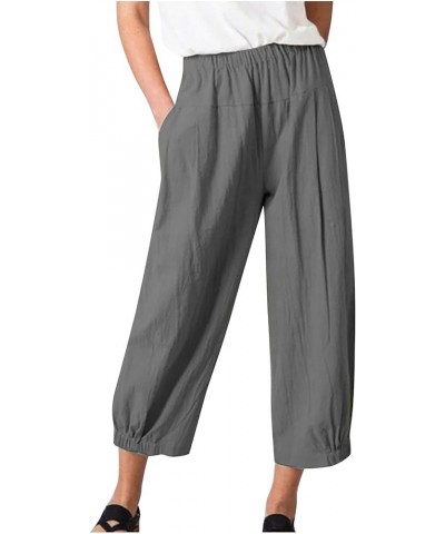 Women's Capris and Cropped Pants Dressy Casual Cotton Linen Pant Elastic High Waist Loose Wide Leg Long Trousers 01 Gray $10....