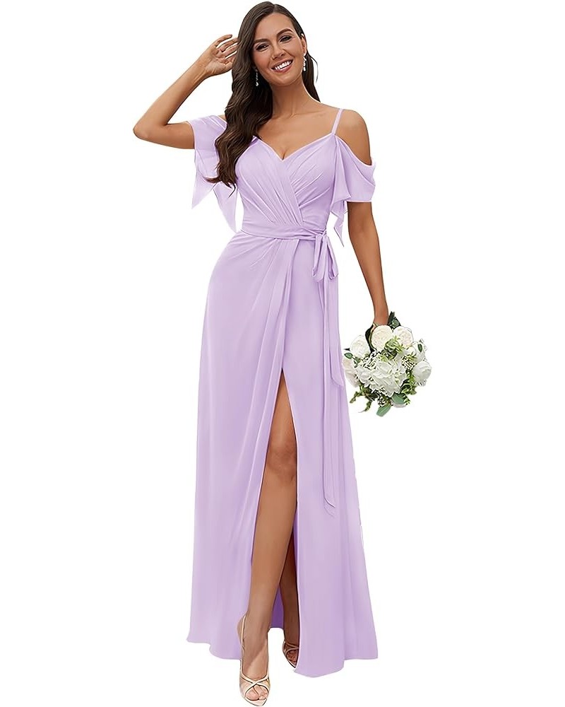 Women's Off The Shoulder Chiffon Bridesmaid Dress for Wedding Split Long Formal Dress Lilac $25.85 Dresses