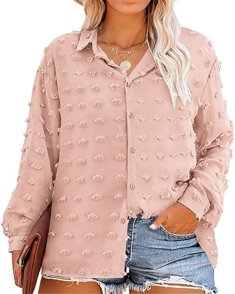 Womens Plus Size Jacquard Shirts Long Sleeve Button Down Shirts Roll Up Casual Loose Fitted Blouses Tops(1X-5X) C-pink $15.64...